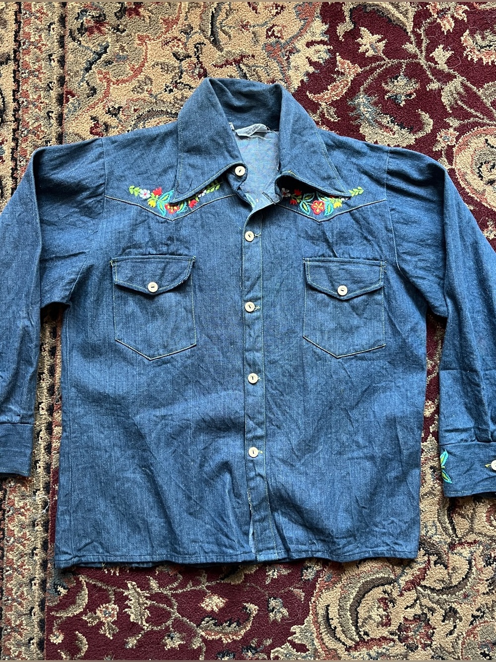 Denim Western Shirt with Embroidered Yoke - Blue